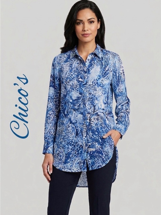 Chico's Tops - Chico's Blue Abstract Paisley Embellished Studded Collar Button Down Blouse S